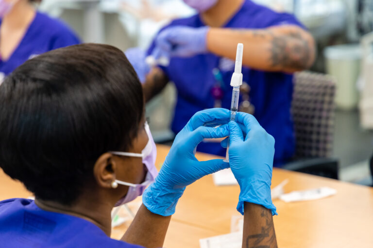 Students in Harris College’s nursing program learn important skills in Basic Care Lab.