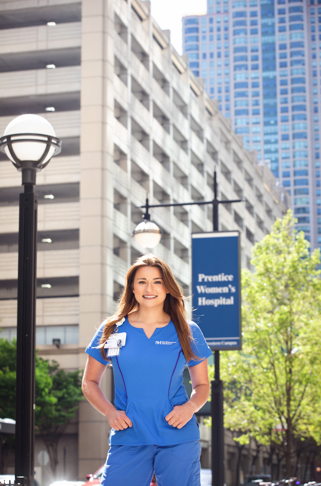 Emma Joy in front of "Prentice Women's Hospital"